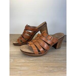 Dansko Dina Sandals Women 39 Brown Woven Leather Slide 3in Heel Mules Boho Retro